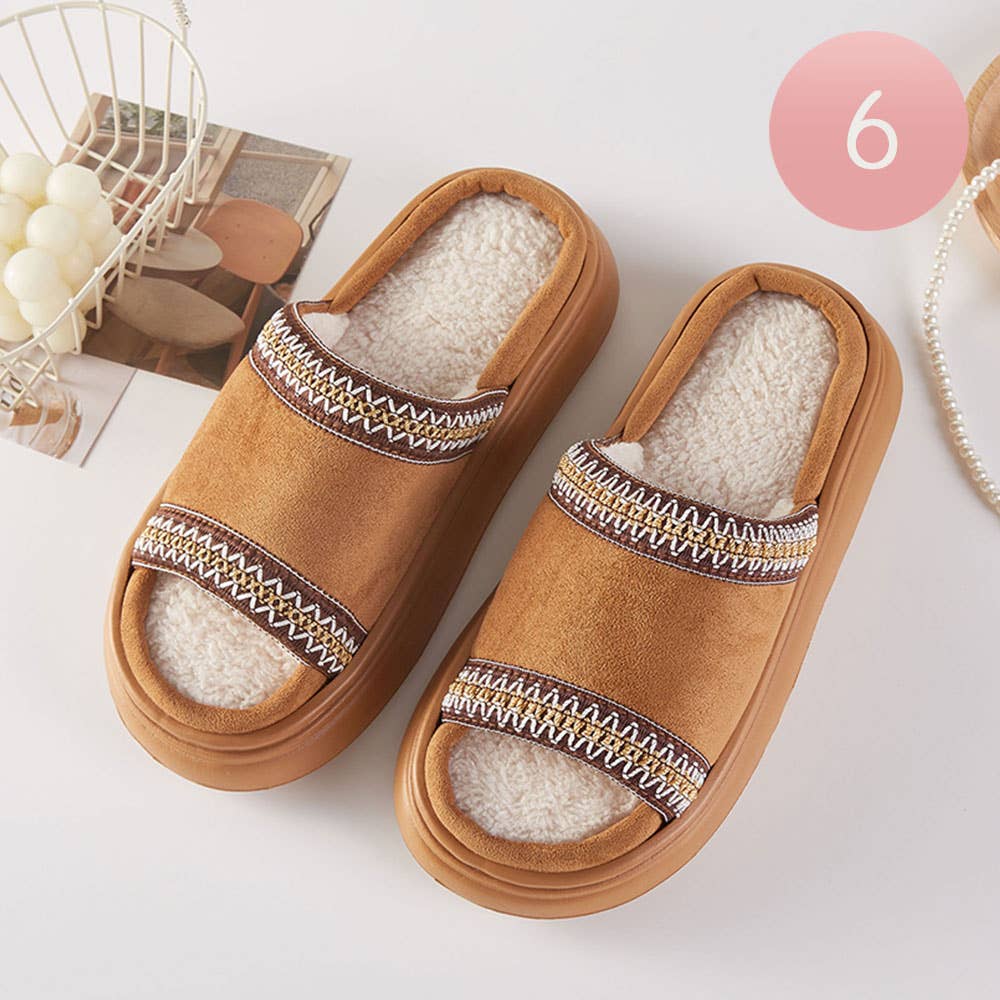 6Pairs - Tribal Pattern Embroidered Plush Home Indoor Floor Slippers: Camel
