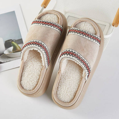 6Pairs - Tribal Pattern Embroidered Plush Home Indoor Floor Slippers: Camel