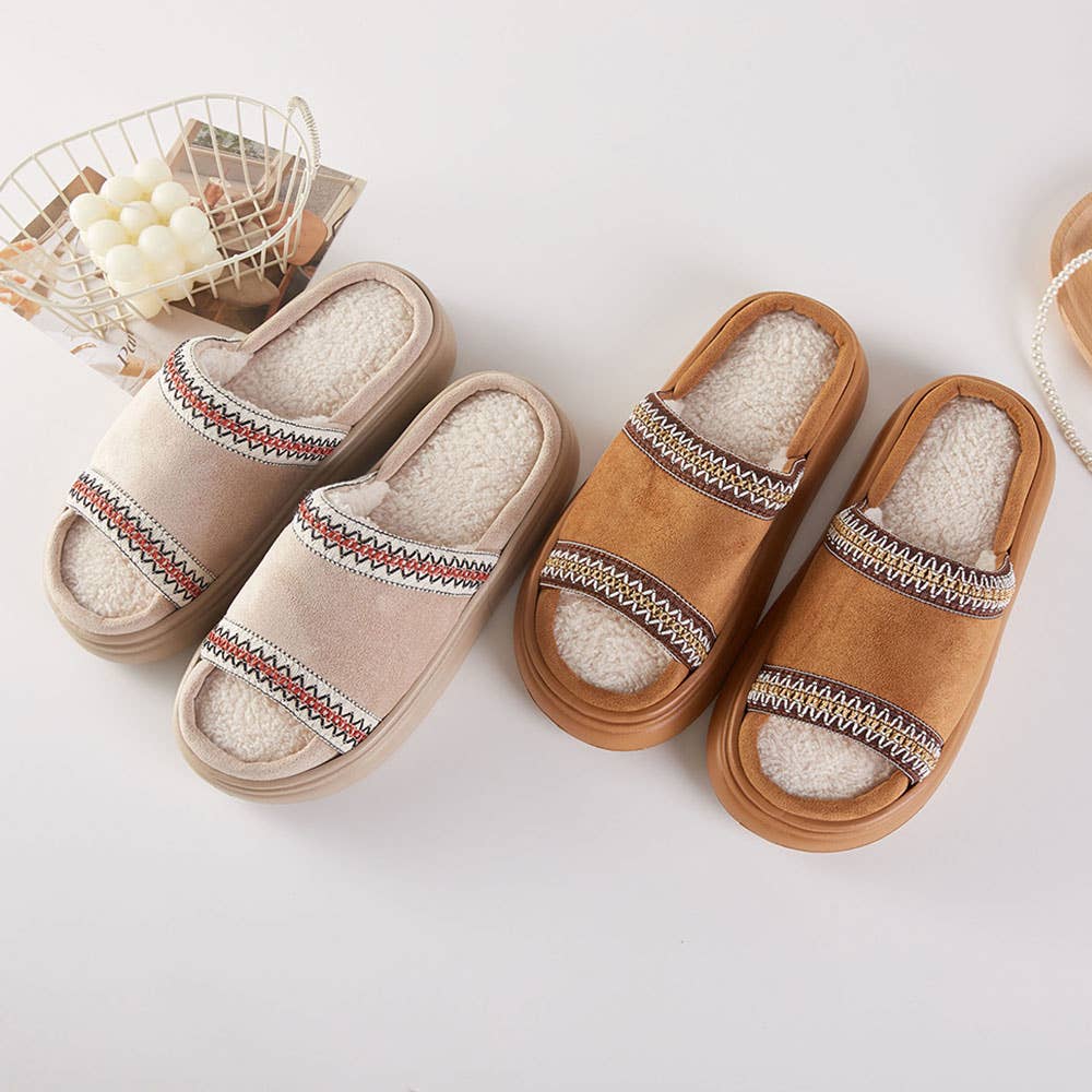 6Pairs - Tribal Pattern Embroidered Plush Home Indoor Floor Slippers: Camel