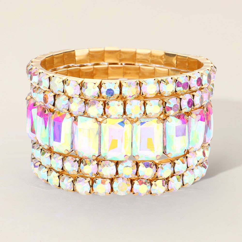 5PCS - Emerald Cut Round Stone Stretch Evening Bracelets: GOLD MULTI