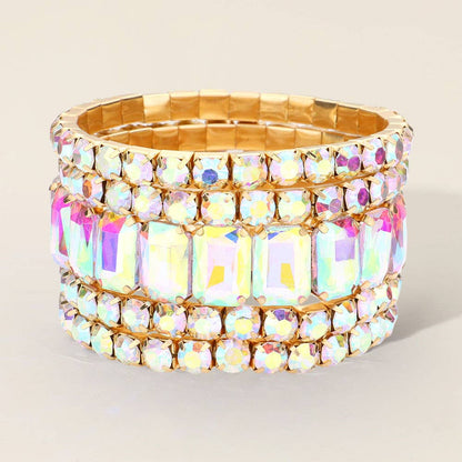 5PCS - Emerald Cut Round Stone Stretch Evening Bracelets: FLAG