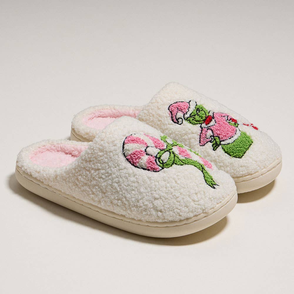 6Pairs - Grinch Holiday Indoor Christmas Slippers: Ivory Pink