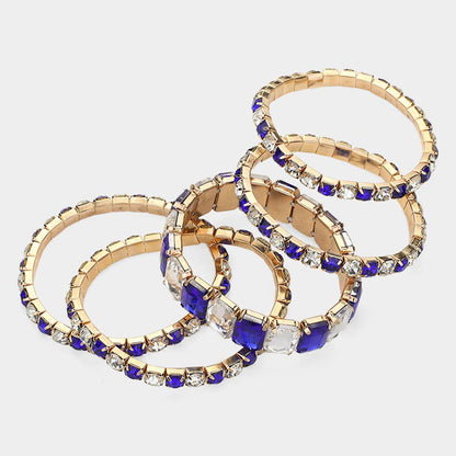 5PCS - Emerald Cut Round Stone Stretch Evening Bracelets: GOLD MULTI