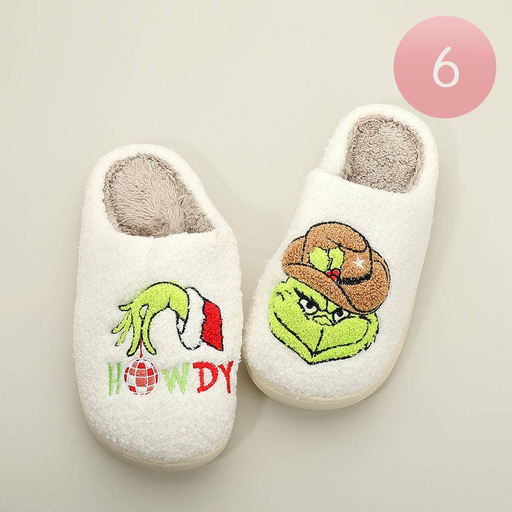 6Pairs - Howdy Western Grinch Holiday Indoor Slippers: Ivory Pink