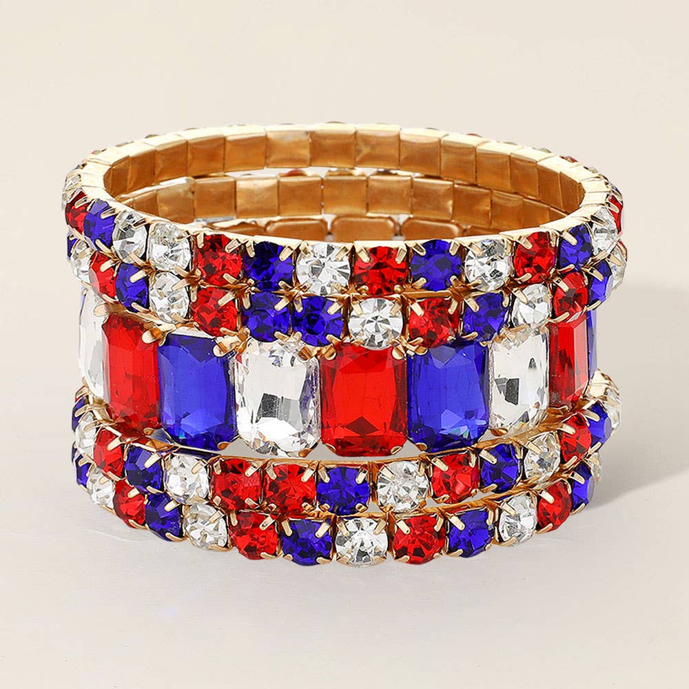 5PCS - Emerald Cut Round Stone Stretch Evening Bracelets: SILVER USA