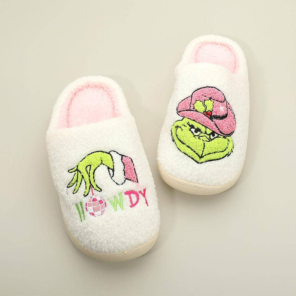 6Pairs - Howdy Western Grinch Holiday Indoor Slippers: Ivory Pink