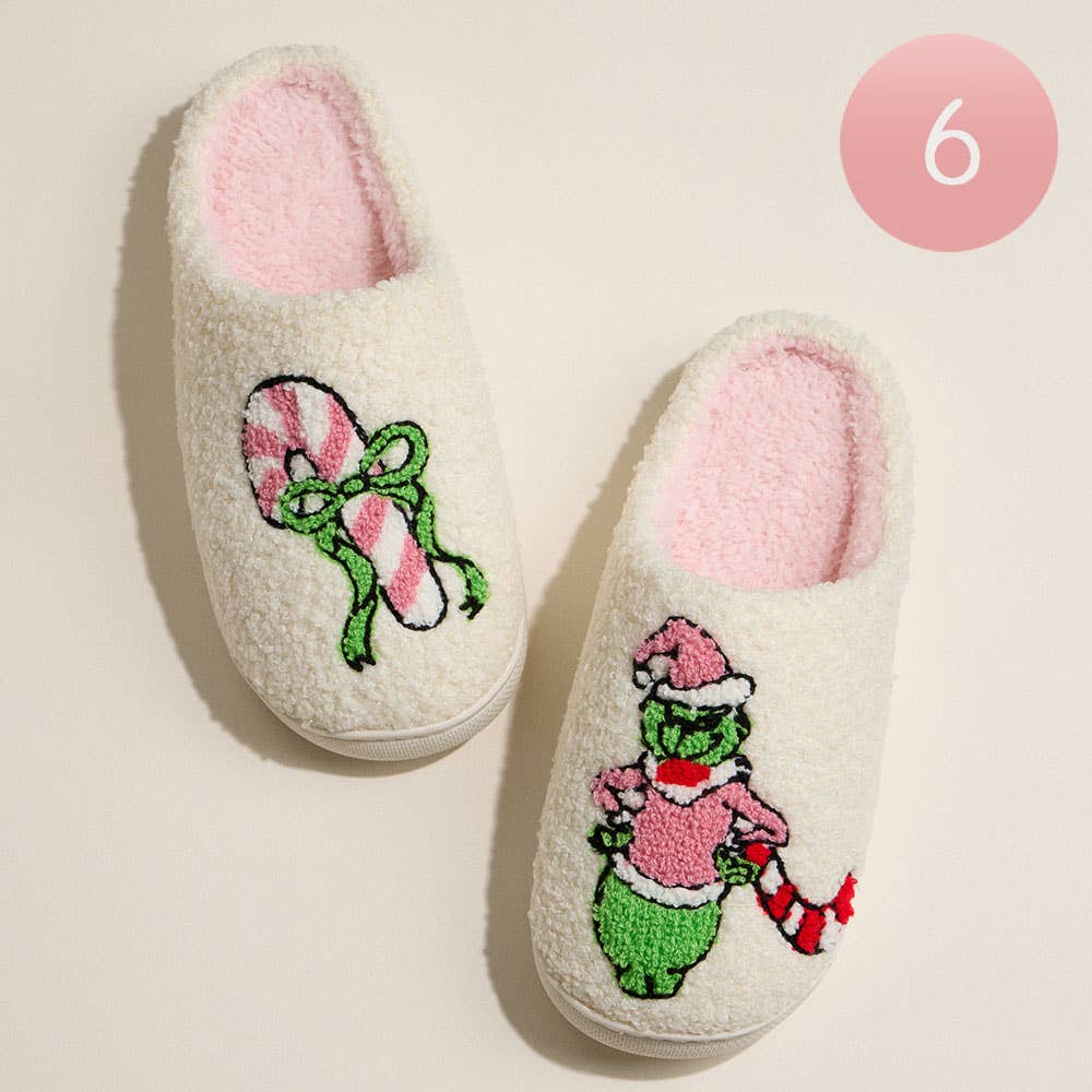 6Pairs - Grinch Holiday Indoor Christmas Slippers: Ivory Pink