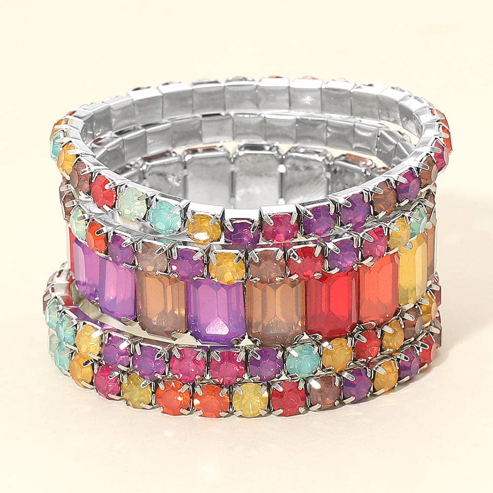 5PCS - Emerald Cut Round Stone Stretch Evening Bracelets: FLAG