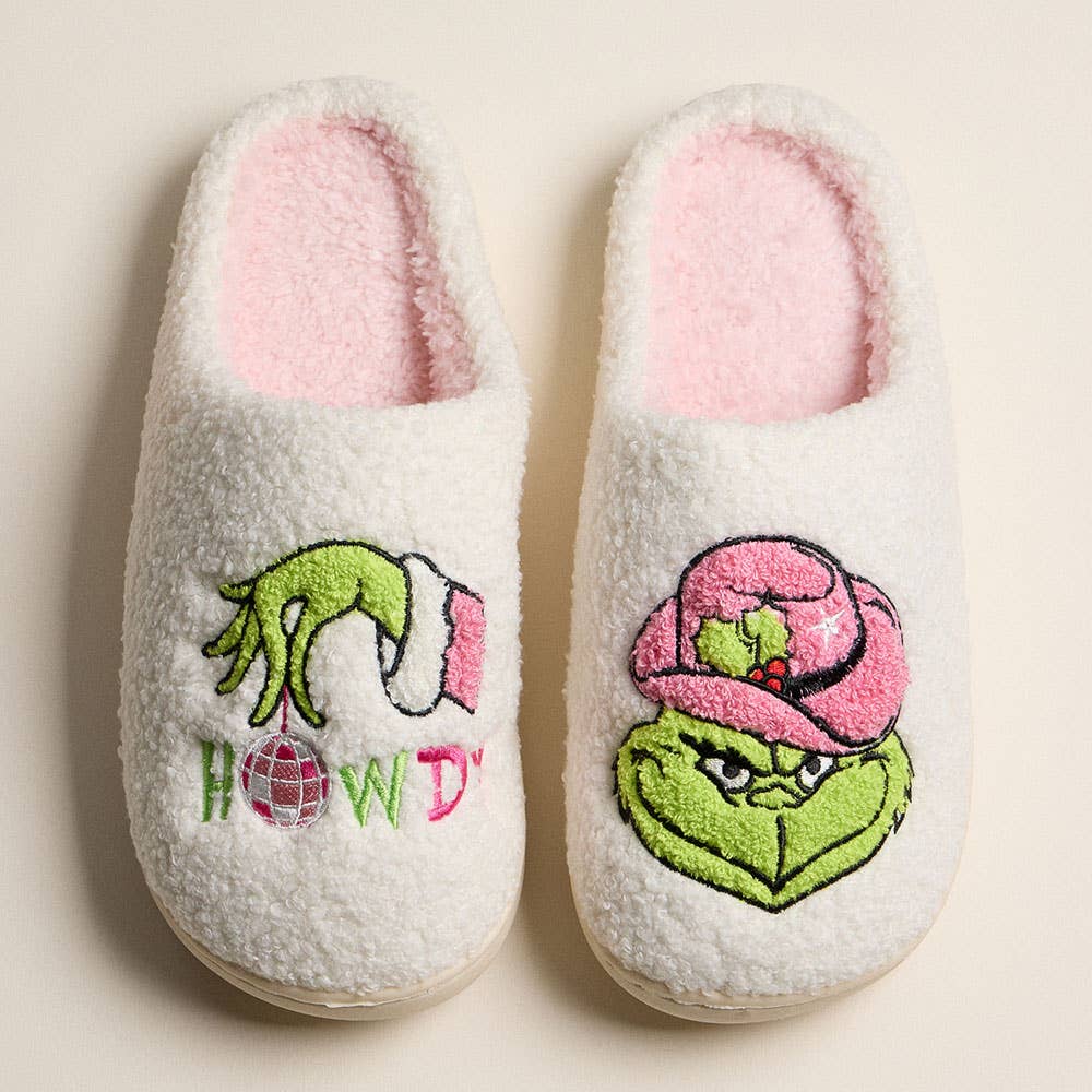6Pairs - Howdy Western Grinch Holiday Indoor Slippers: Ivory Pink