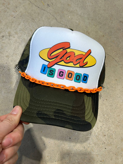 God Is Good Trucker Hat | Faith Based | Caps: White/Camo Foam