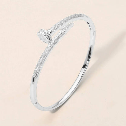 CZ Stone Paved Nailhead Accent Hinged Bangle Bracelet: Rhodium