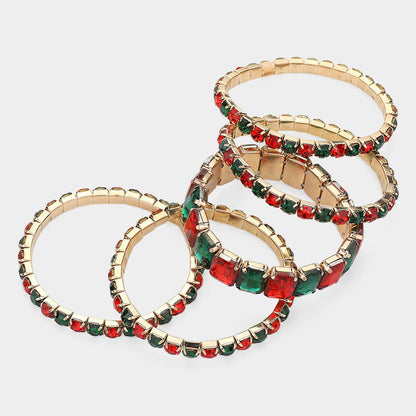 5PCS - Emerald Cut Round Stone Stretch Evening Bracelets: FLAG