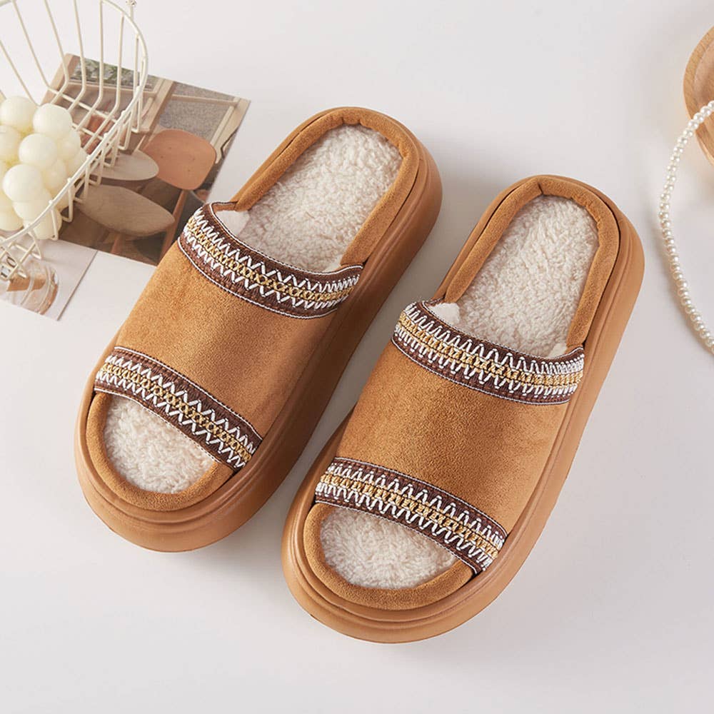 6Pairs - Tribal Pattern Embroidered Plush Home Indoor Floor Slippers: Camel