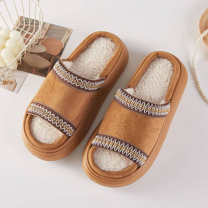6Pairs - Tribal Pattern Embroidered Plush Home Indoor Floor Slippers: Camel