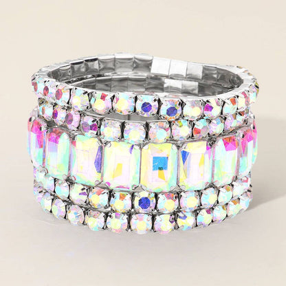 5PCS - Emerald Cut Round Stone Stretch Evening Bracelets: SILVER USA