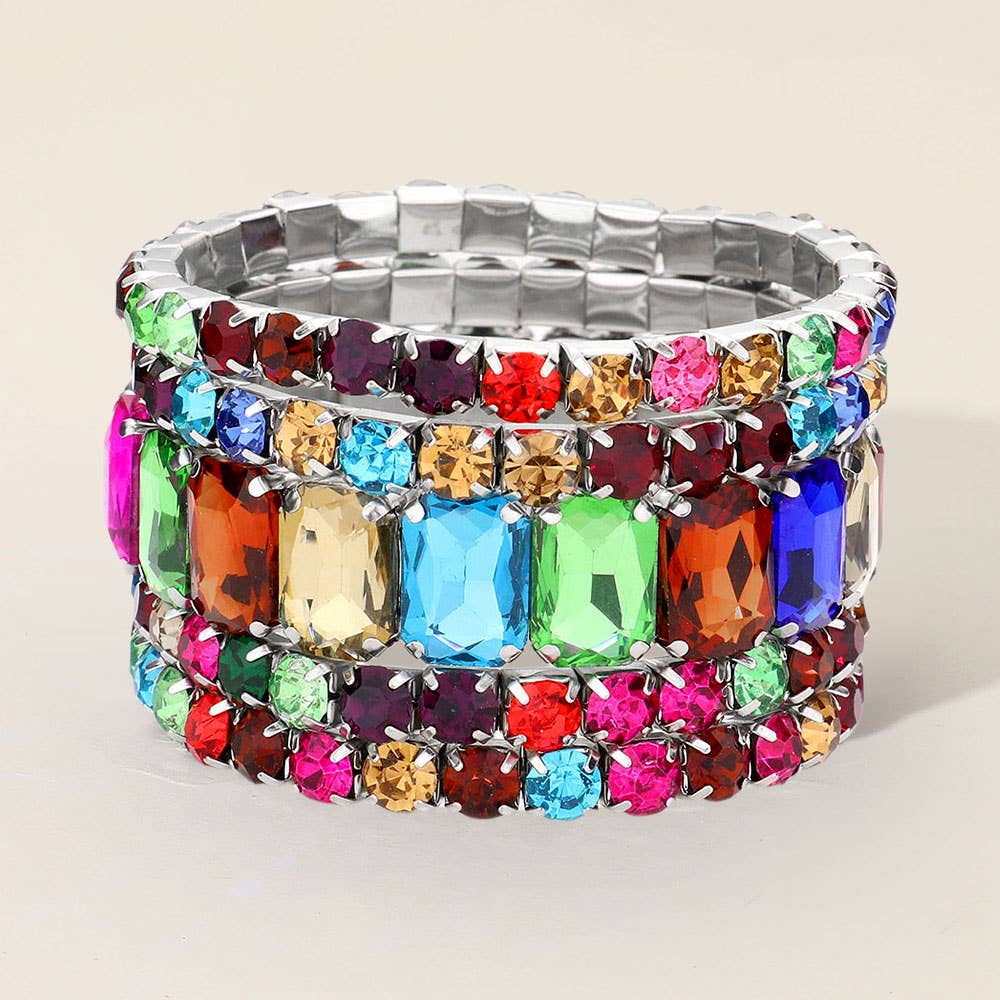 5PCS - Emerald Cut Round Stone Stretch Evening Bracelets: SILVER USA