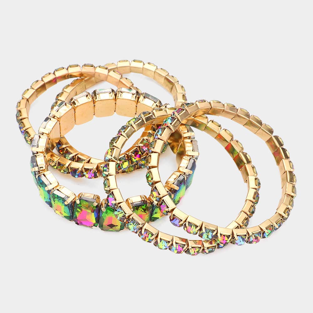 5PCS - Emerald Cut Round Stone Stretch Evening Bracelets: GOLD MULTI