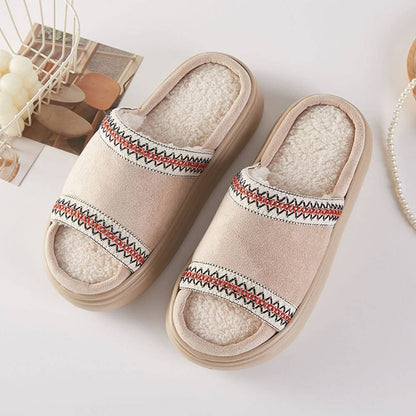 6Pairs - Tribal Pattern Embroidered Plush Home Indoor Floor Slippers: Beige