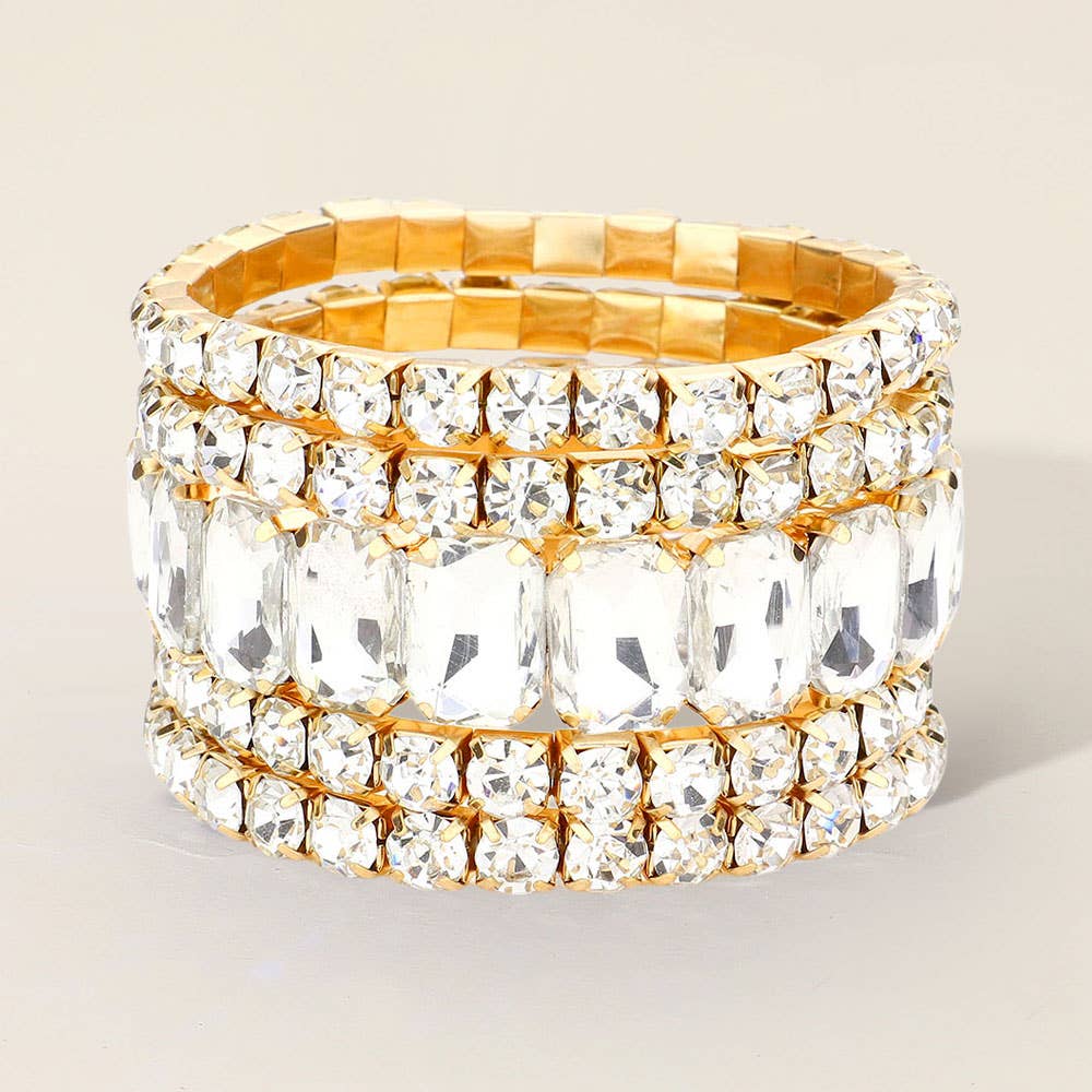 5PCS - Emerald Cut Round Stone Stretch Evening Bracelets: FLAG