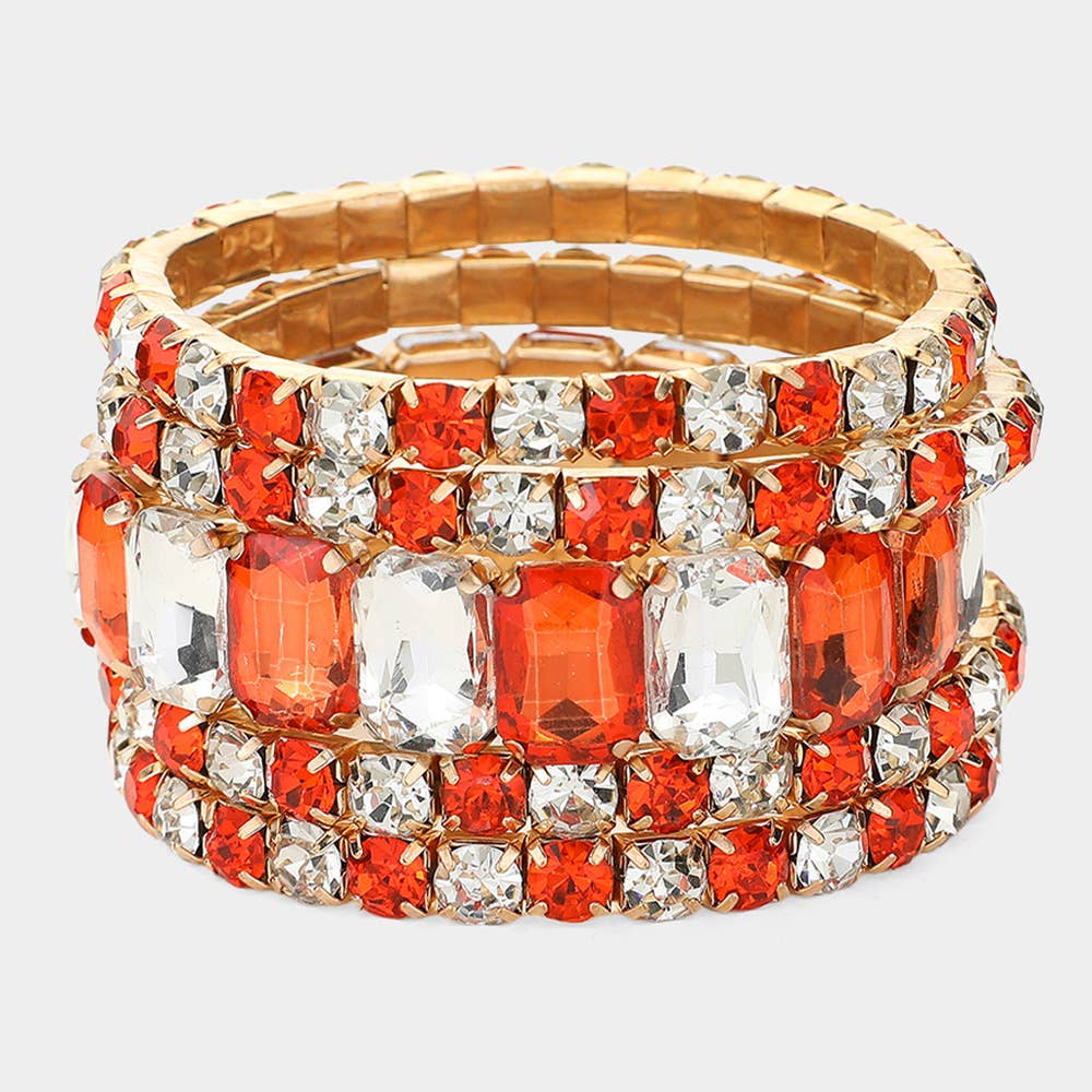 5PCS - Emerald Cut Round Stone Stretch Evening Bracelets: GOLD MULTI