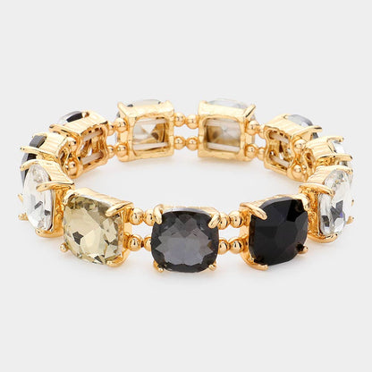 Cushion Square Stone Stretch Evening Bracelet: BLACK MULTI