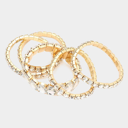 5PCS - Emerald Cut Round Stone Stretch Evening Bracelets: GOLD MULTI