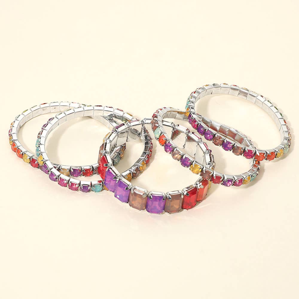 5PCS - Emerald Cut Round Stone Stretch Evening Bracelets: GOLD MULTI
