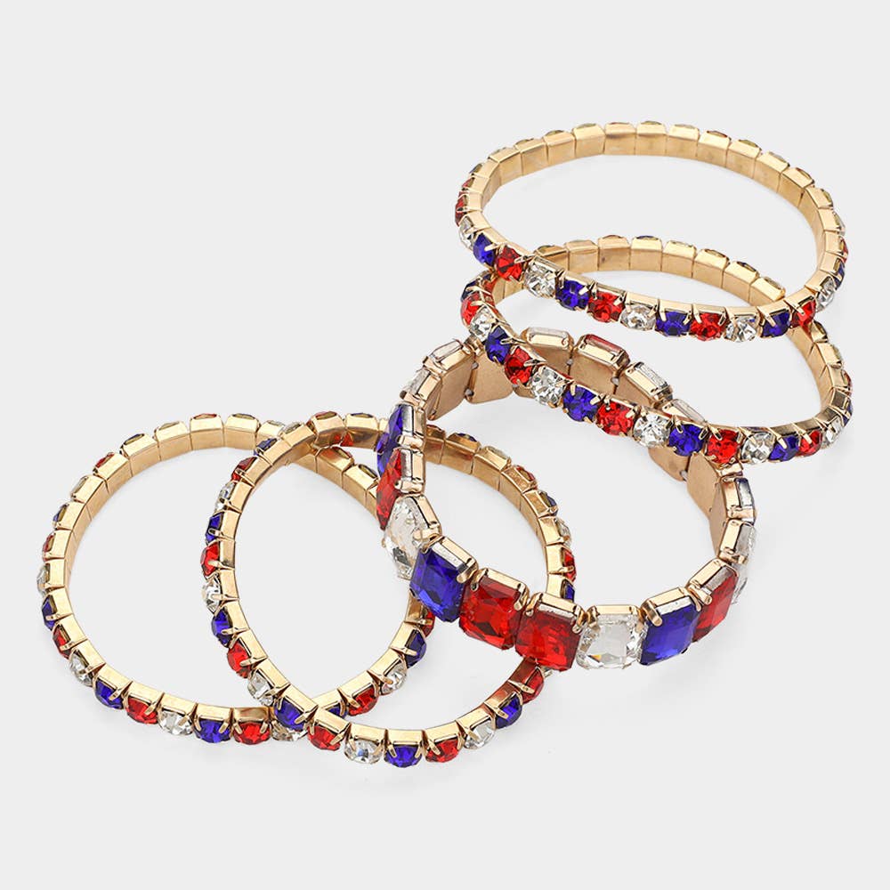 5PCS - Emerald Cut Round Stone Stretch Evening Bracelets: GOLD MULTI