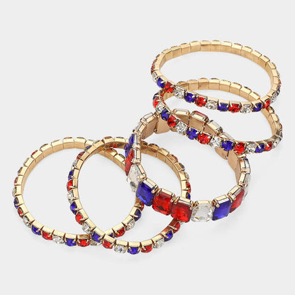 5PCS - Emerald Cut Round Stone Stretch Evening Bracelets: SILVER USA