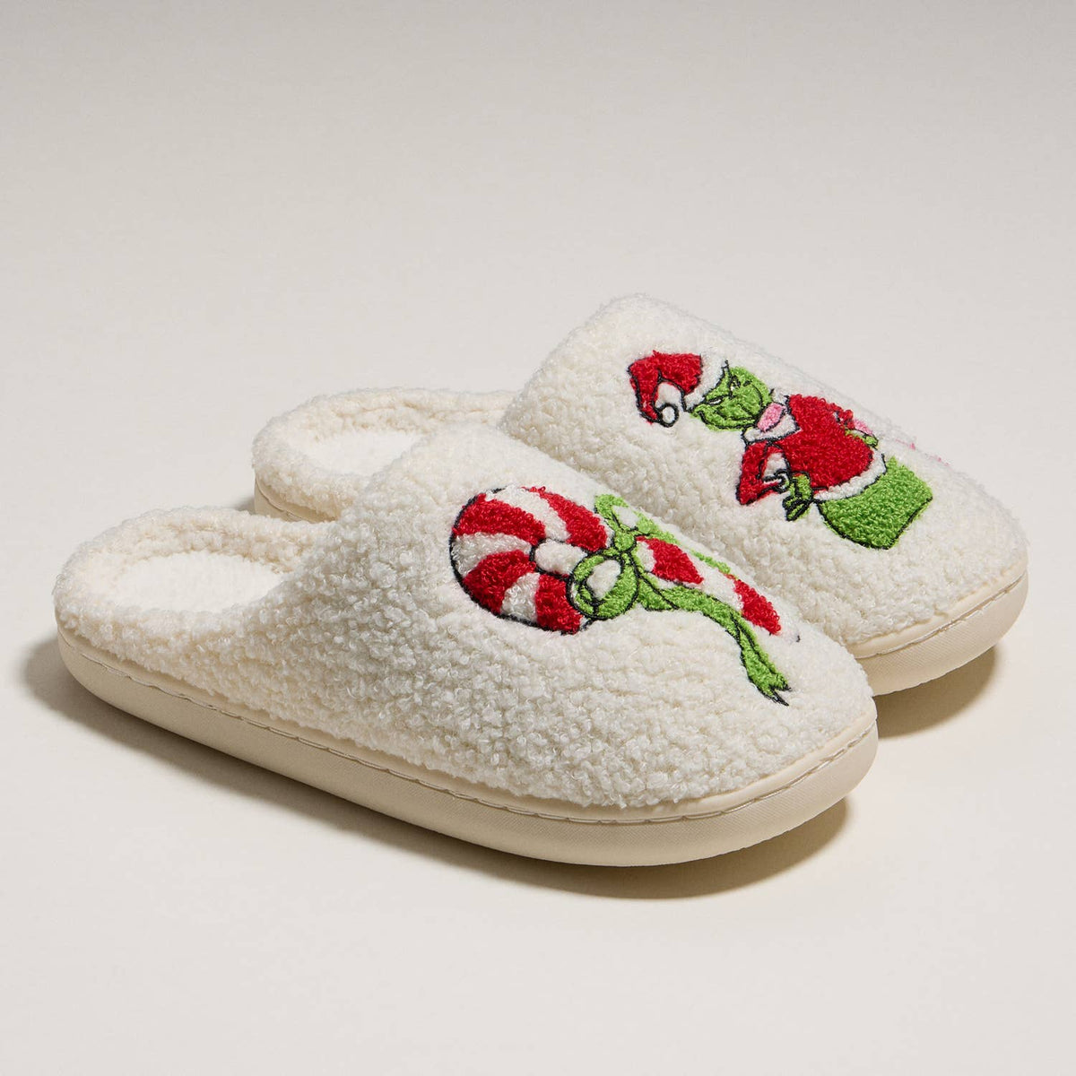 6Pairs - Grinch Holiday Indoor Christmas Slippers: Ivory Pink