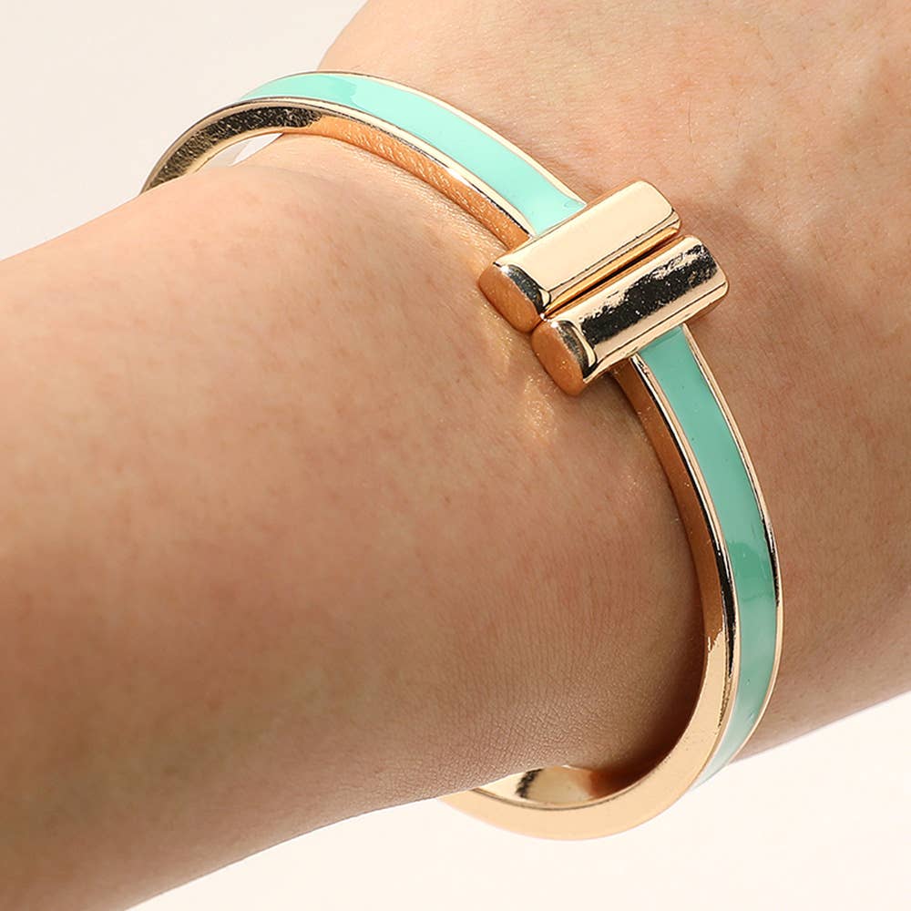 Metal Bar Tip Enamel Hinged Bangle Bracelet: Pink