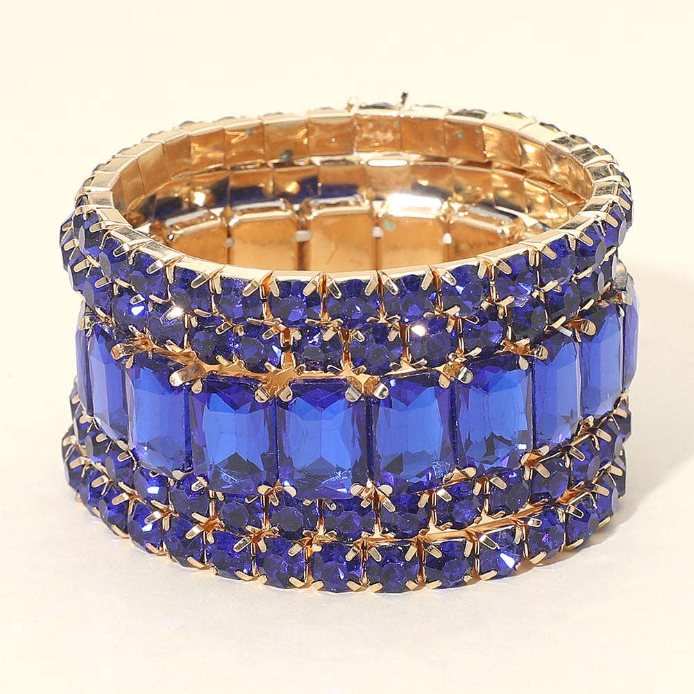 5PCS - Emerald Cut Round Stone Stretch Evening Bracelets: GOLD MULTI