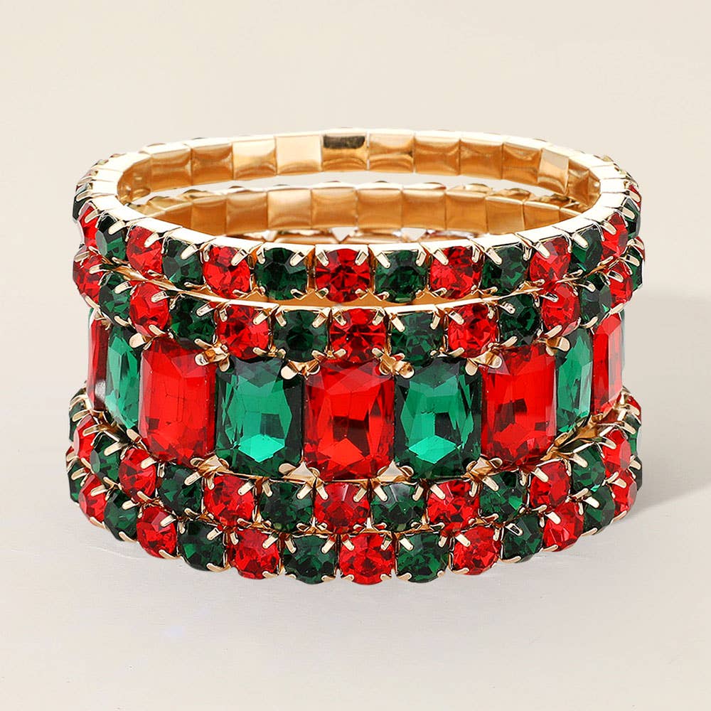 5PCS - Emerald Cut Round Stone Stretch Evening Bracelets: FLAG