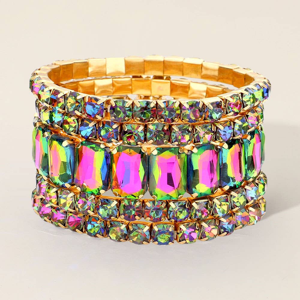 5PCS - Emerald Cut Round Stone Stretch Evening Bracelets: SILVER USA