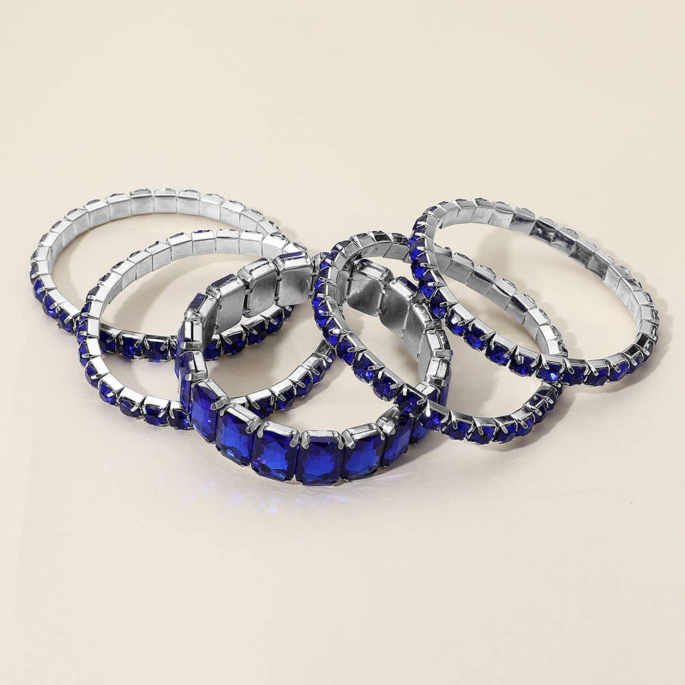 5PCS - Emerald Cut Round Stone Stretch Evening Bracelets: GOLD MULTI