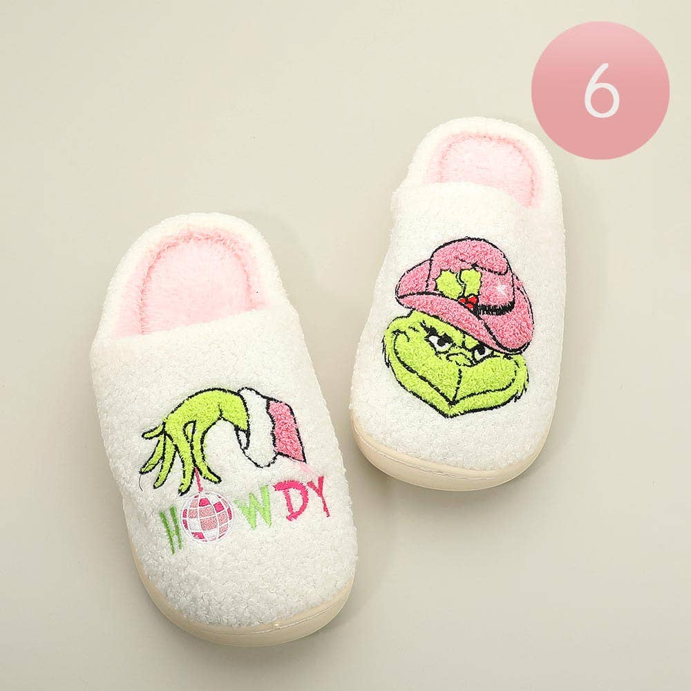 6Pairs - Howdy Western Grinch Holiday Indoor Slippers: Ivory Pink