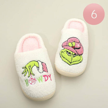 6Pairs - Howdy Western Grinch Holiday Indoor Slippers: Ivory Pink