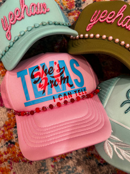 She's From Texas I Can Tell Trucker | Western Hats | Rodeo: White/Red Foam