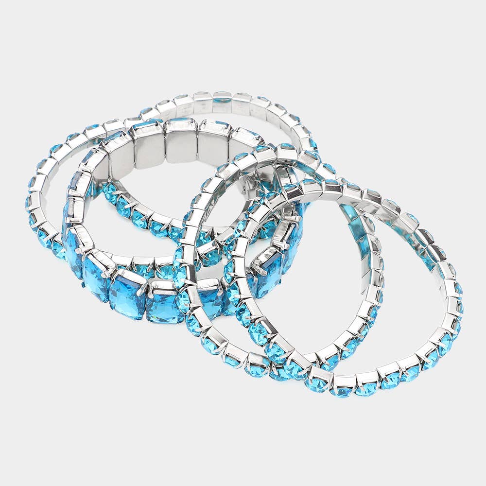 5PCS - Emerald Cut Round Stone Stretch Evening Bracelets: GOLD MULTI