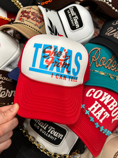 She's From Texas I Can Tell Trucker | Western Hats | Rodeo: White/Red Foam