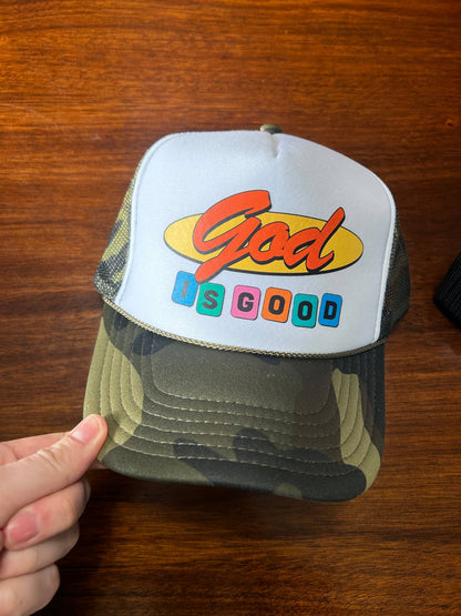 God Is Good Trucker Hat | Faith Based | Caps: White/Camo Foam