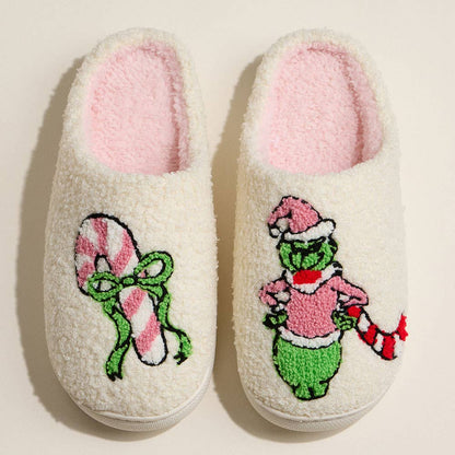 6Pairs - Grinch Holiday Indoor Christmas Slippers: Ivory Pink