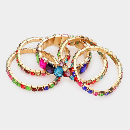 5PCS - Emerald Cut Round Stone Stretch Evening Bracelets: FLAG