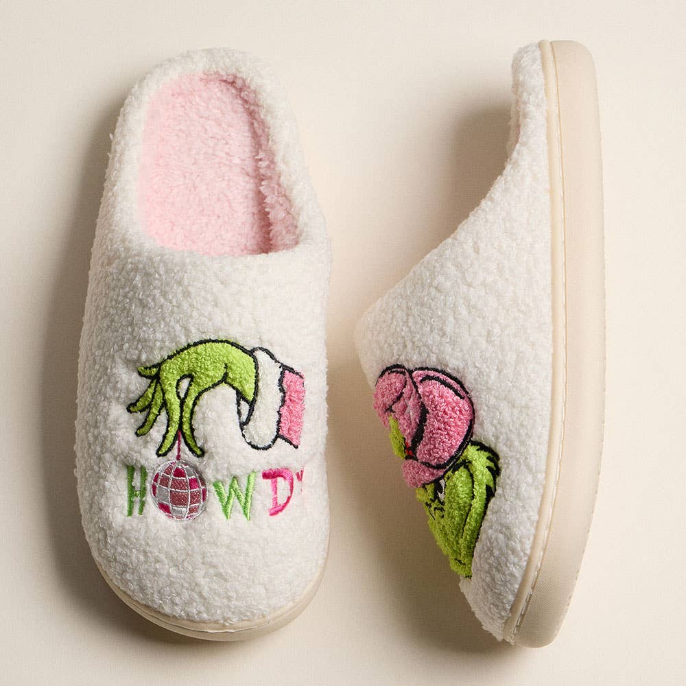 6Pairs - Howdy Western Grinch Holiday Indoor Slippers: Ivory Pink