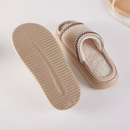 6Pairs - Tribal Pattern Embroidered Plush Home Indoor Floor Slippers: Camel