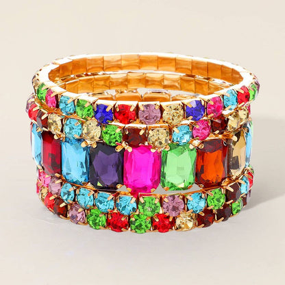 5PCS - Emerald Cut Round Stone Stretch Evening Bracelets: GOLD MULTI
