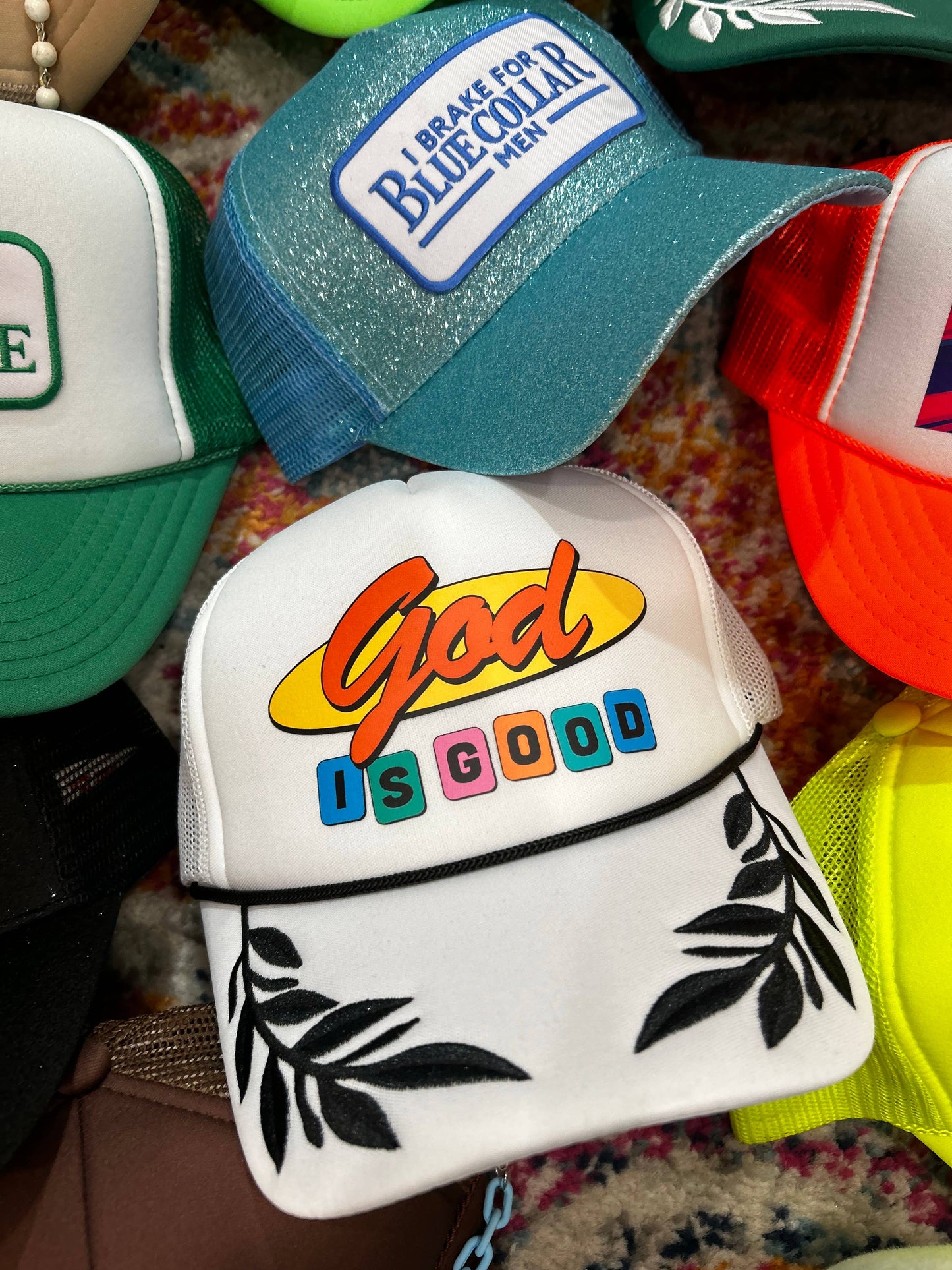 God Is Good Trucker Hat | Faith Based | Caps: White/Camo Foam