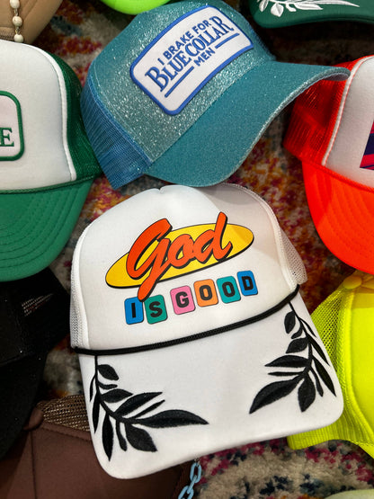 God Is Good Trucker Hat | Faith Based | Caps: White/Camo Foam