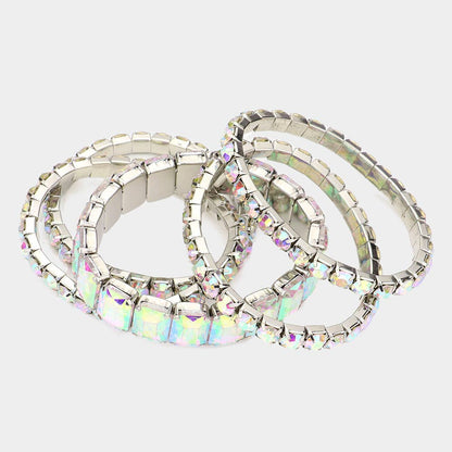 5PCS - Emerald Cut Round Stone Stretch Evening Bracelets: GOLD MULTI