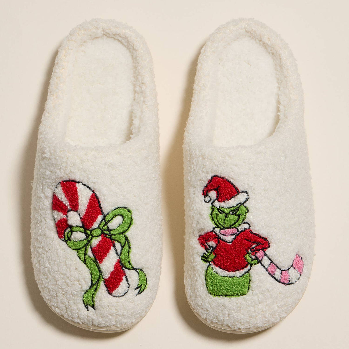 6Pairs - Grinch Holiday Indoor Christmas Slippers: Ivory Pink